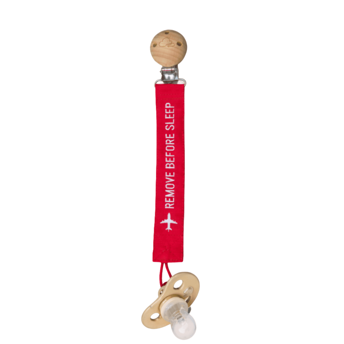 Pacifier Clip Remove Before Sleep Aviation - Baby Red Wood Italian Design 21cm