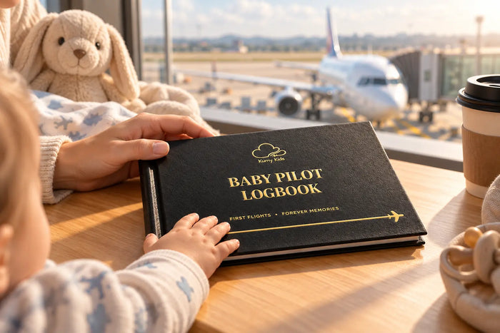 Kumy Kids Baby Pilot Logbook with a baby's hand and parent's hand touching the black leather-look cover at an airport, with an airplane in the background.
