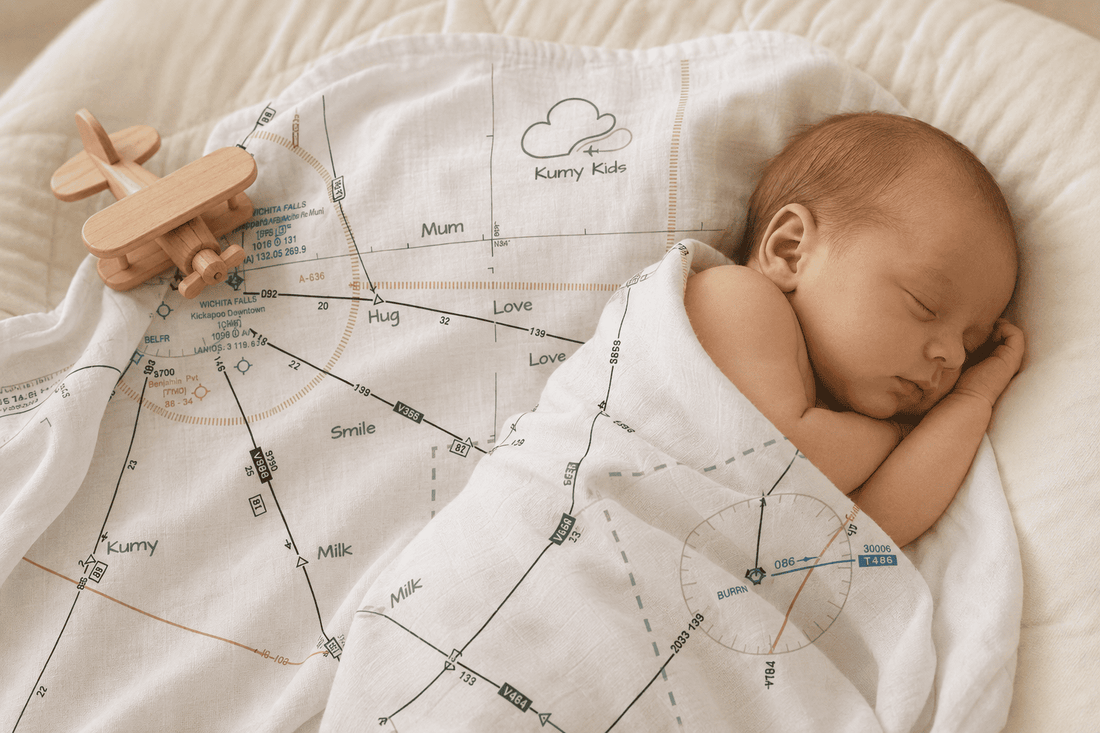 Newborn sleeping on a Kumy Kids aviation-themed cotton muslin baby blanket with flight map print and wooden airplane toy.
