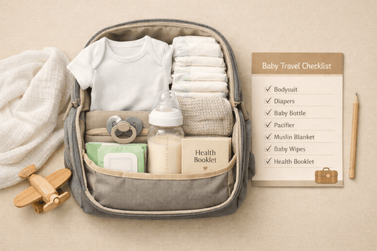 Organized baby travel bag with essentials including white bodysuit, diapers, muslin blanket, pacifier and baby bottle next to printed checklist