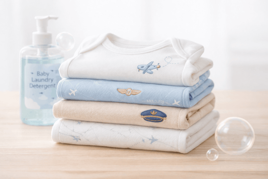 Aviation-themed organic cotton baby bodysuits with embroidered airplane, pilot cap and stars designs stacked with baby laundry detergent