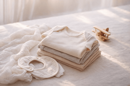 Stack of neutral-toned organic cotton baby bodysuits with white bib and wooden airplane toy on soft bedding