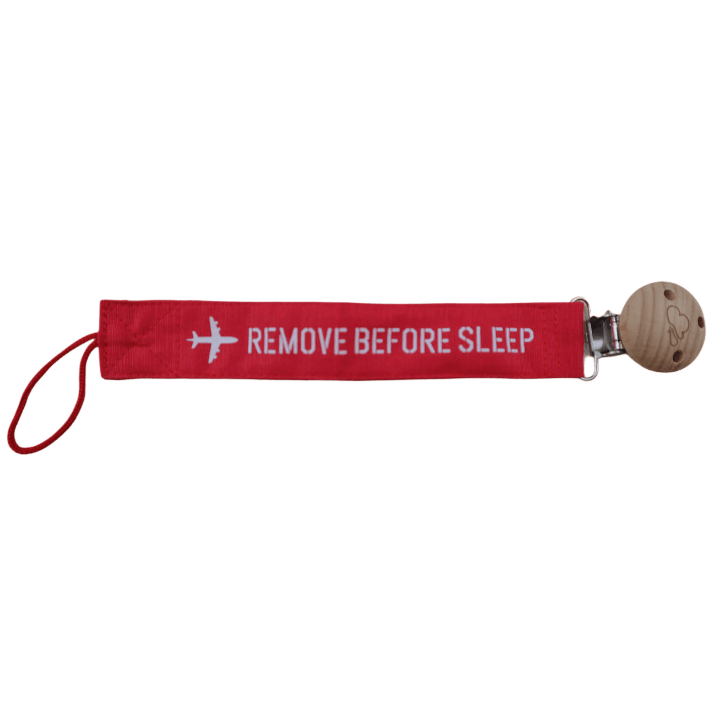 Red Remove Before Sleep baby pacifier clip, full strap view