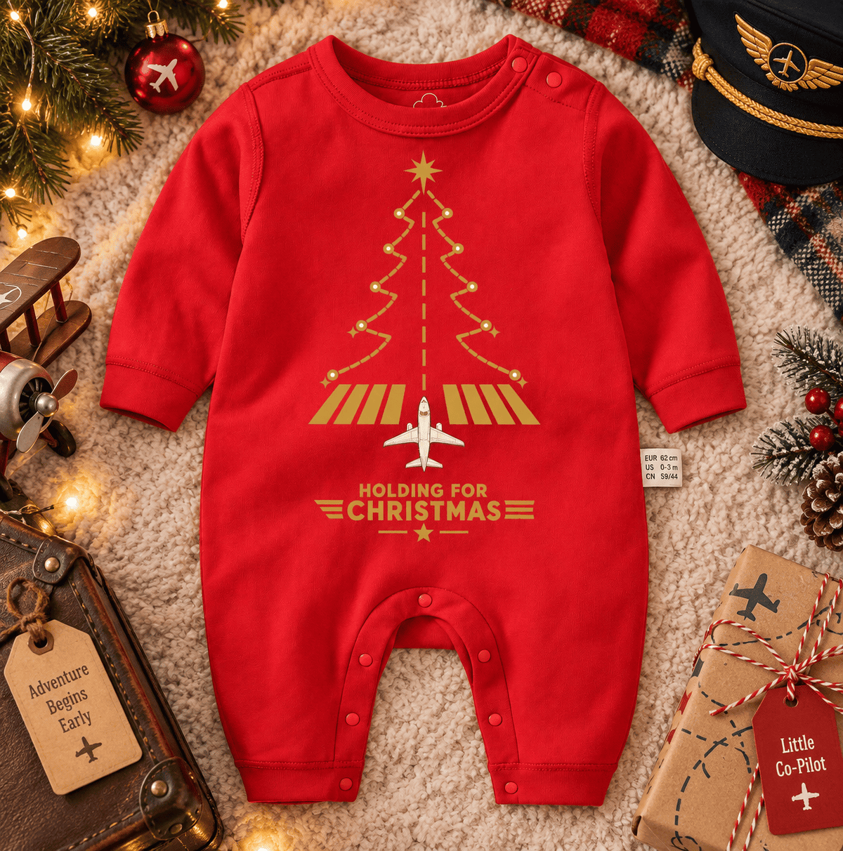 Red Aviation Christmas Baby Romper – Runway Tree Design