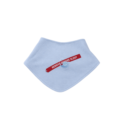 White  Cotton bib with red text 'REMOVE BEFORE SLEEP' on a black background