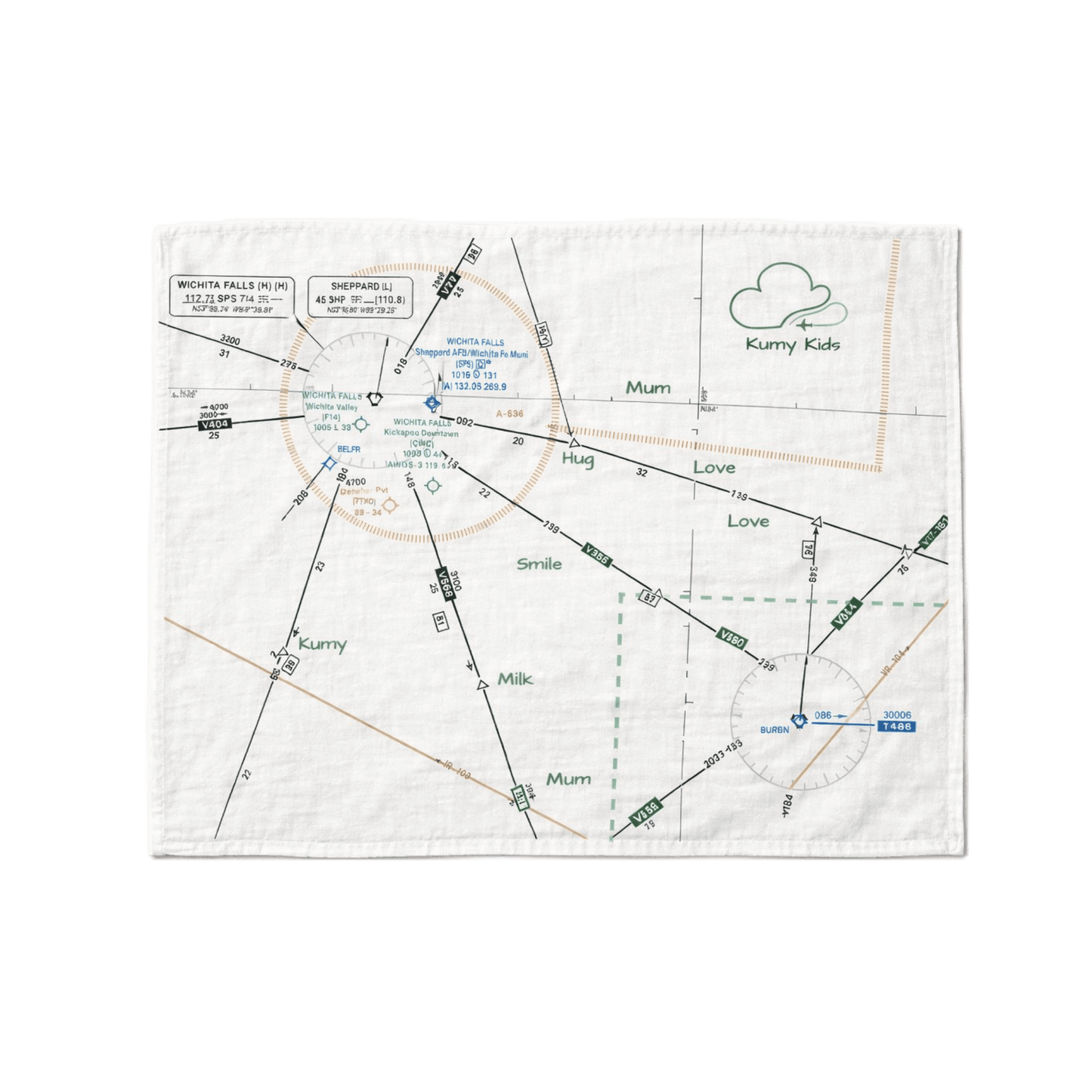 White blanket with printed designs featuring a pilot aviation map