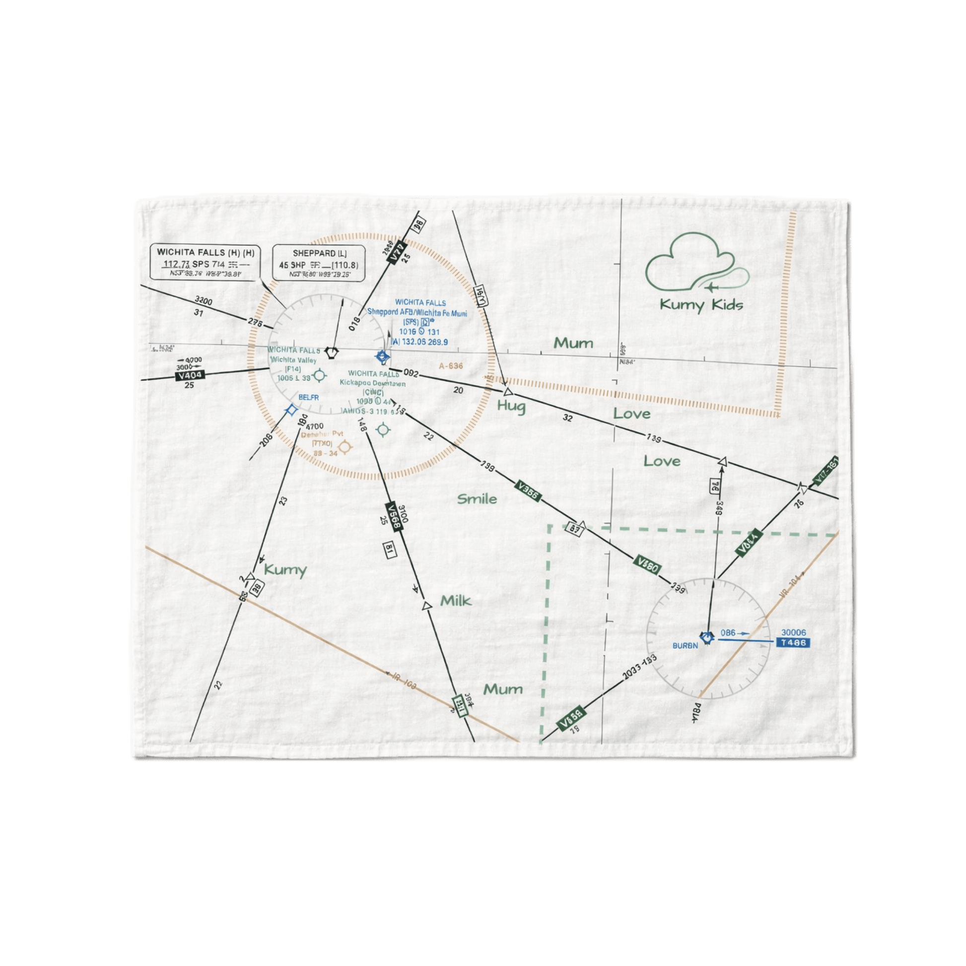 White blanket with printed designs featuring a pilot aviation map
