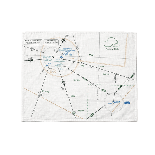White blanket with printed designs featuring a pilot aviation map