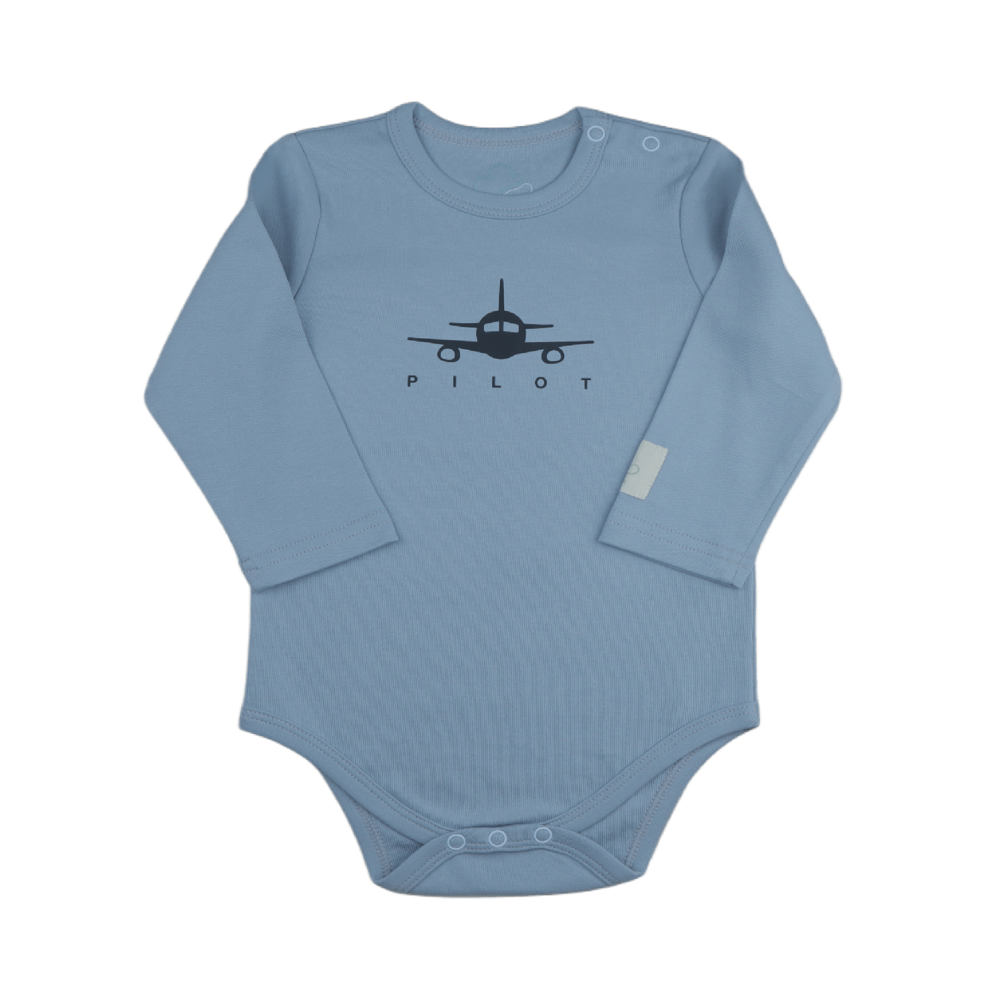 Blue baby onesie with airplane and 'Pilot'