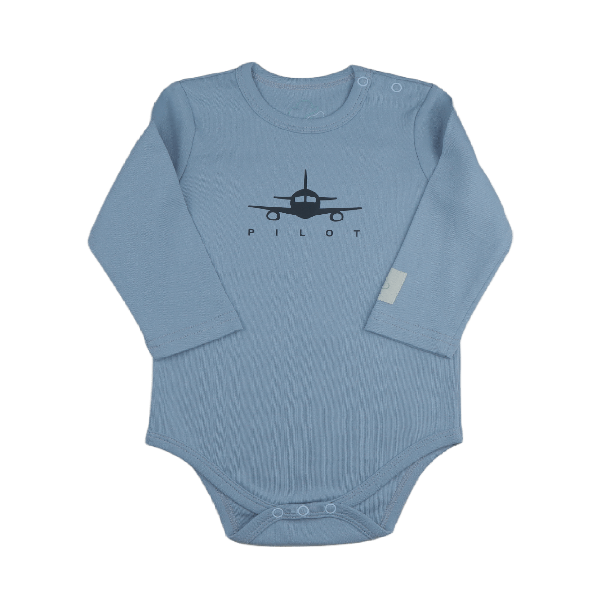 Blue baby onesie with airplane and 'Pilot'