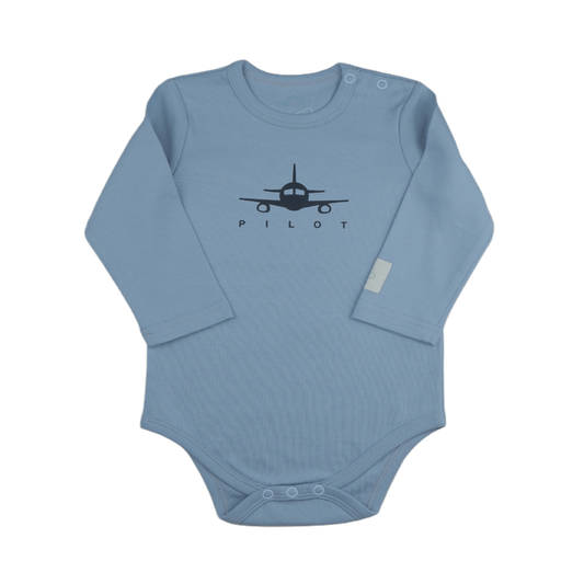 Blue baby onesie with airplane and 'Pilot'