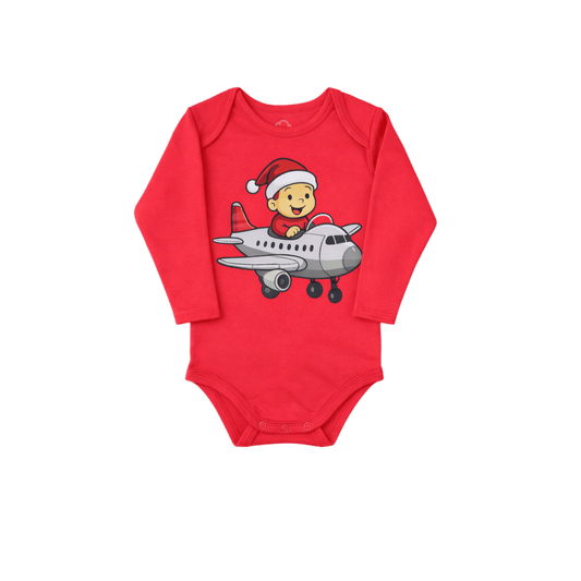 Red baby onesie with a cartoon character in a Santa hat on an airplane