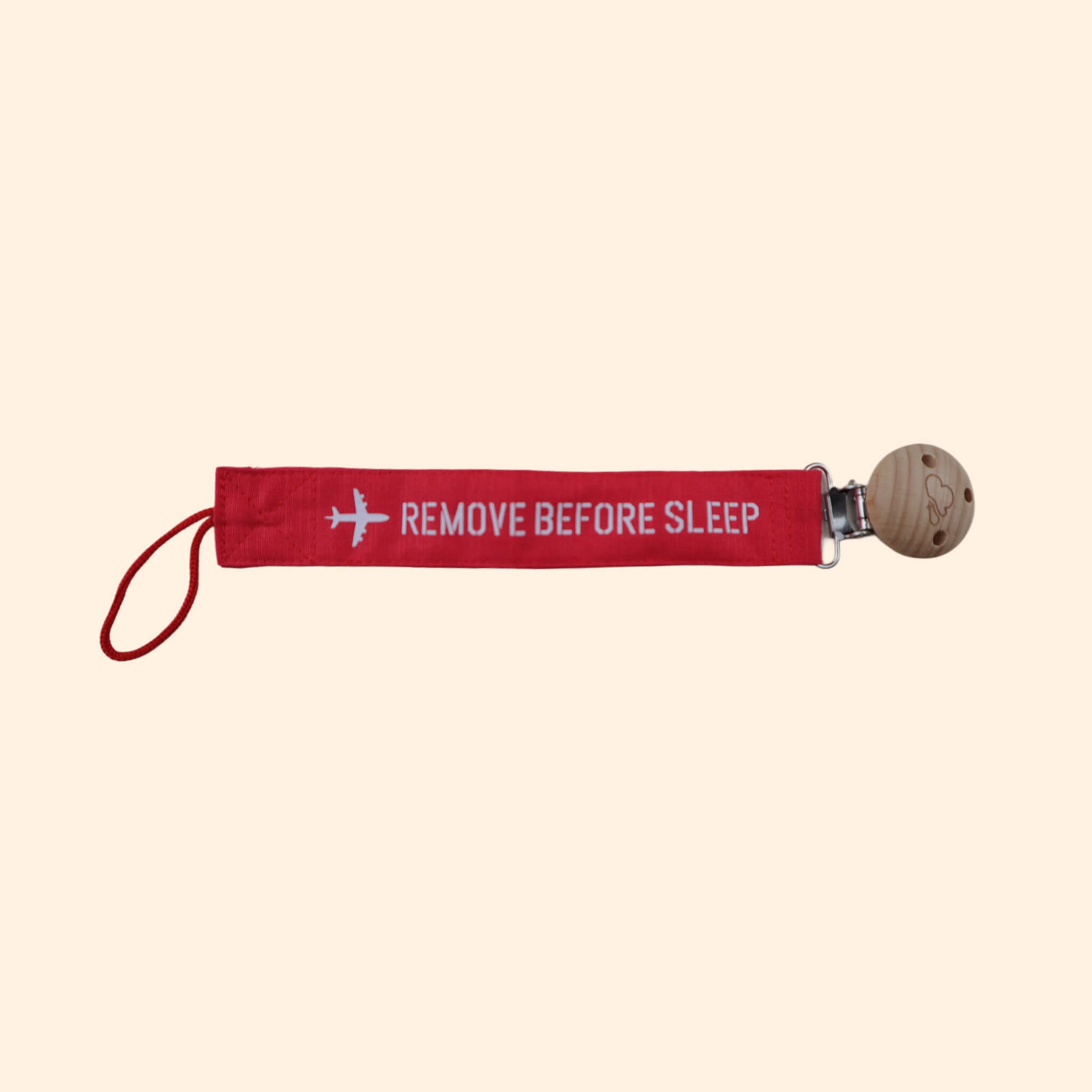 Baby Red Pacifier Clip with Remove Before Sleep text