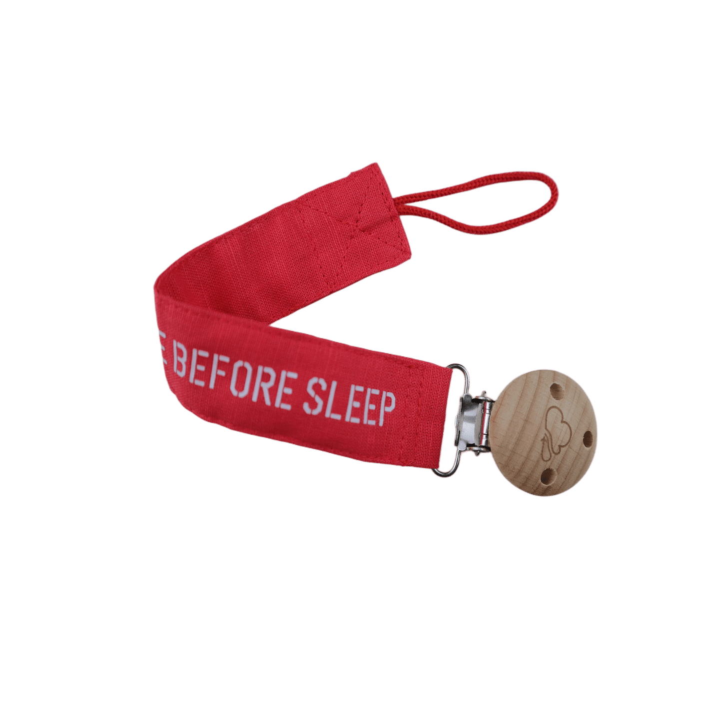 Red Pacifier Clip with Remove Bebore Sleep text