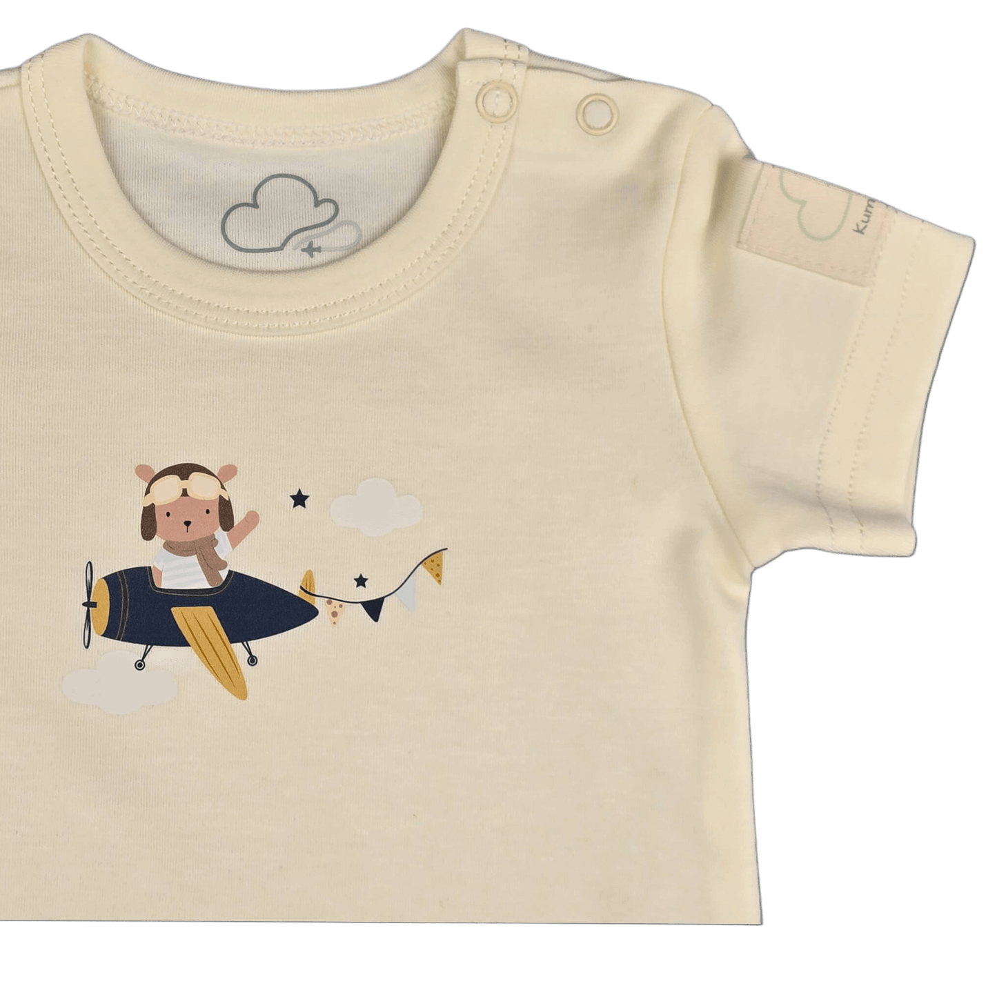 Aviation baby bodysuit, beige short sleeve with teddy pilot print – Kumy Kids