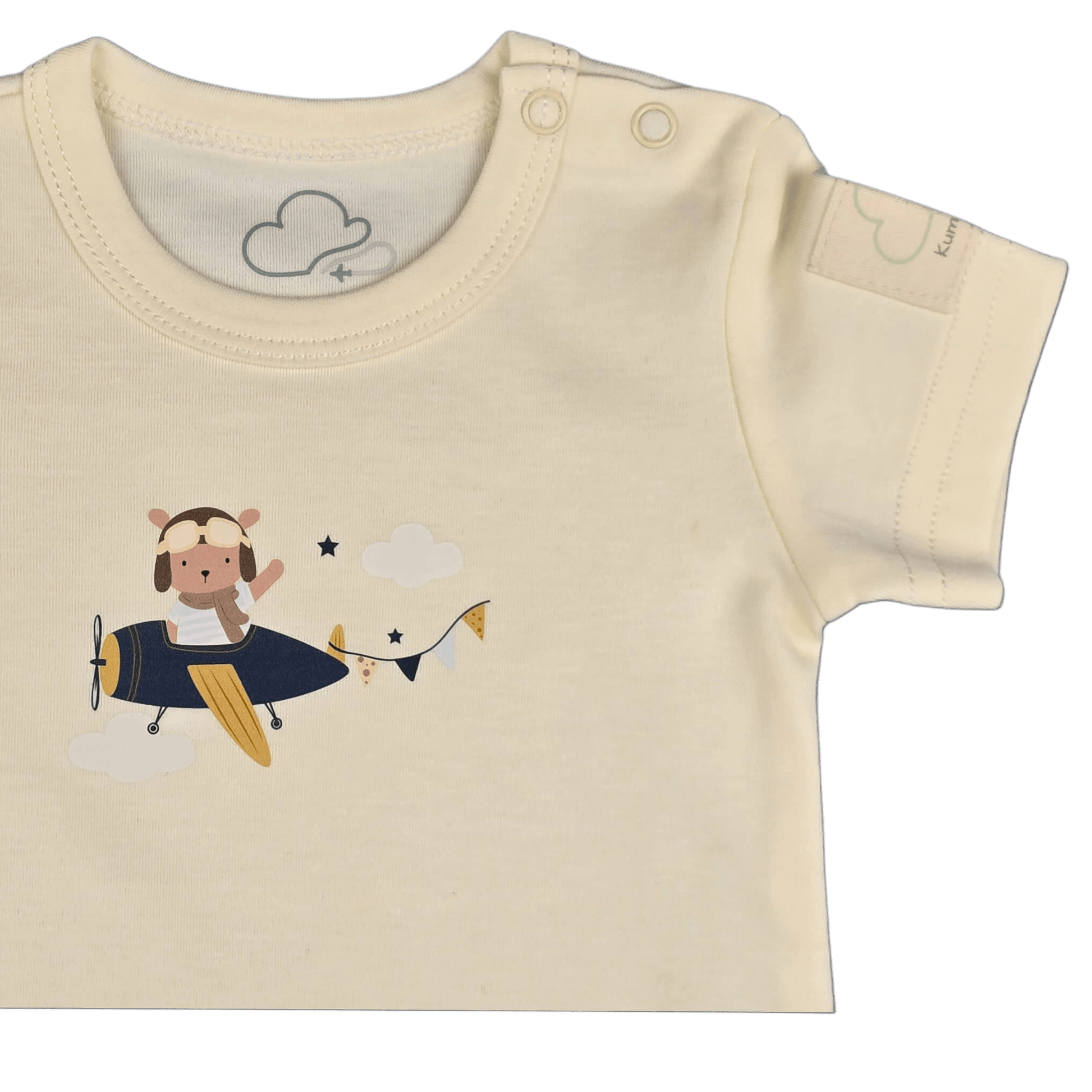 Aviation baby bodysuit, beige short sleeve with teddy pilot print – Kumy Kids