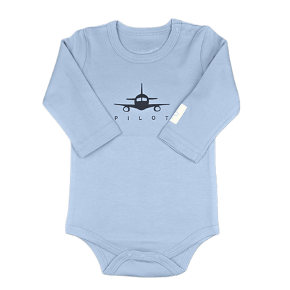 Light blue baby onesie with airplane design and 'Pilot" graphic