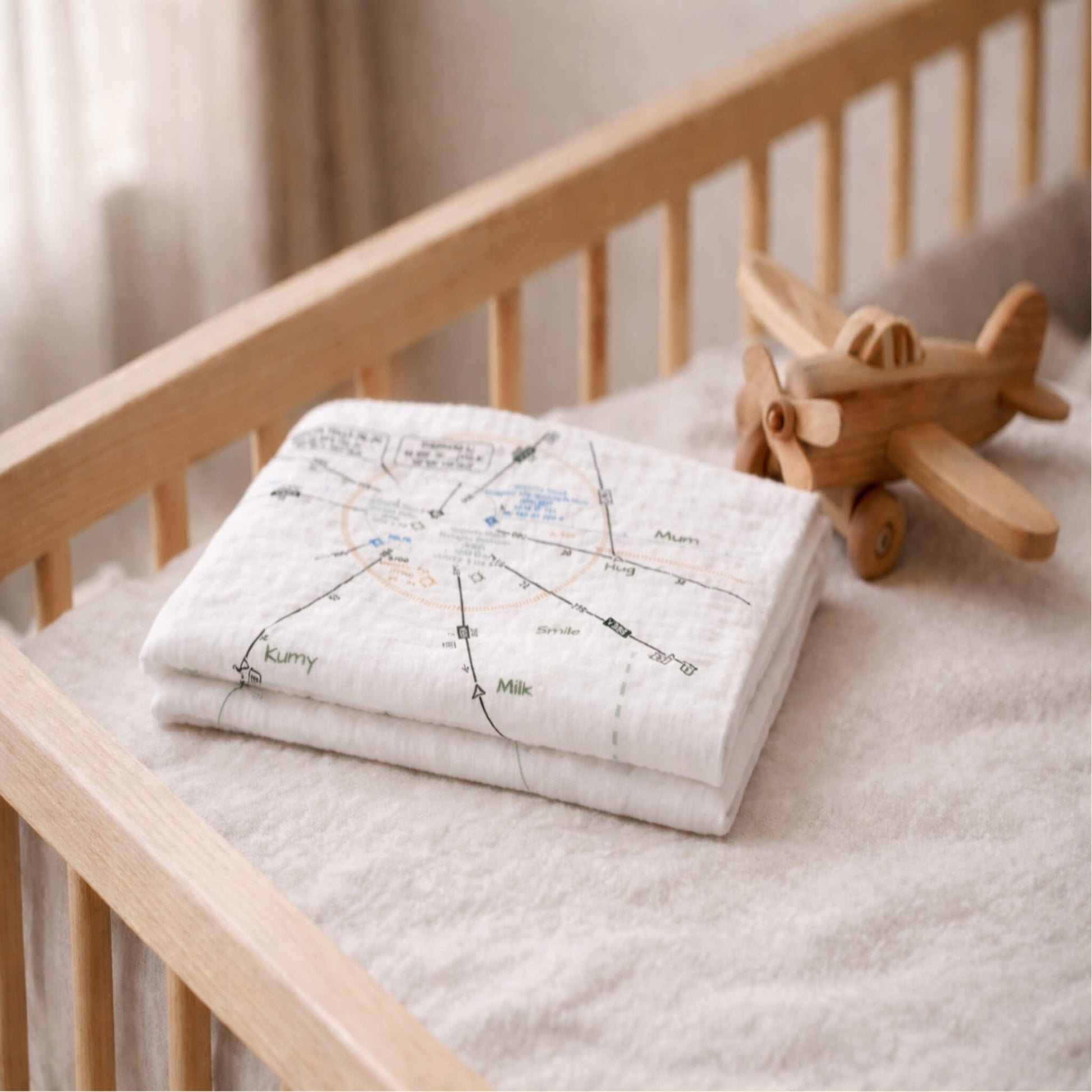 Folded blanket with airplane design on a crib with a wooden toy airplane