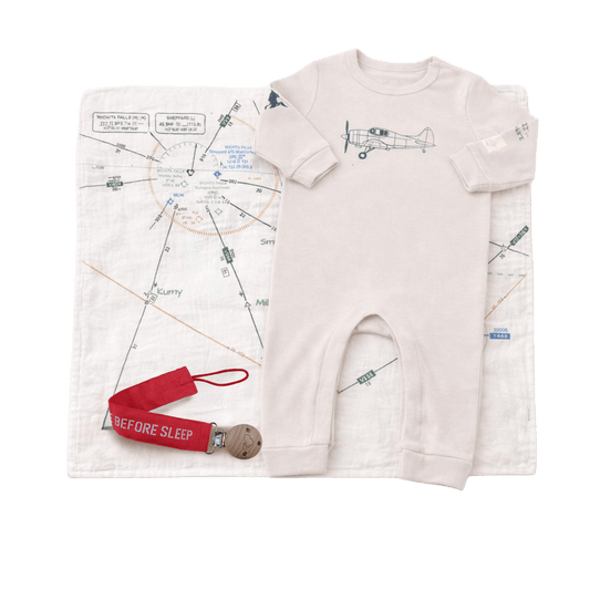 ROMPER ND AVIATION MUSLIN WITH RED REMOVE BEFORE SLEEP PACIFIER CLIP