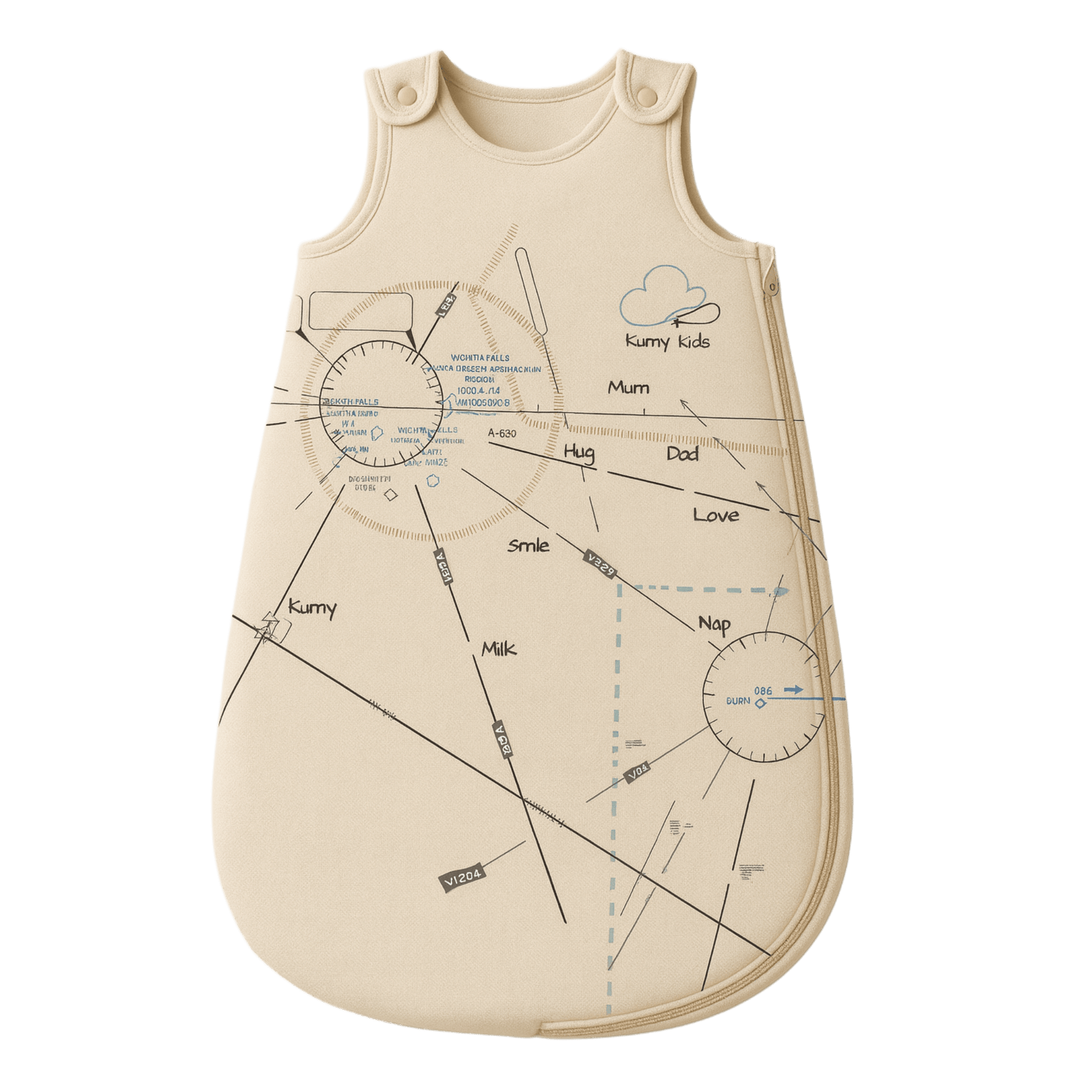 Beige baby sleeping bag with printed  aviation design 