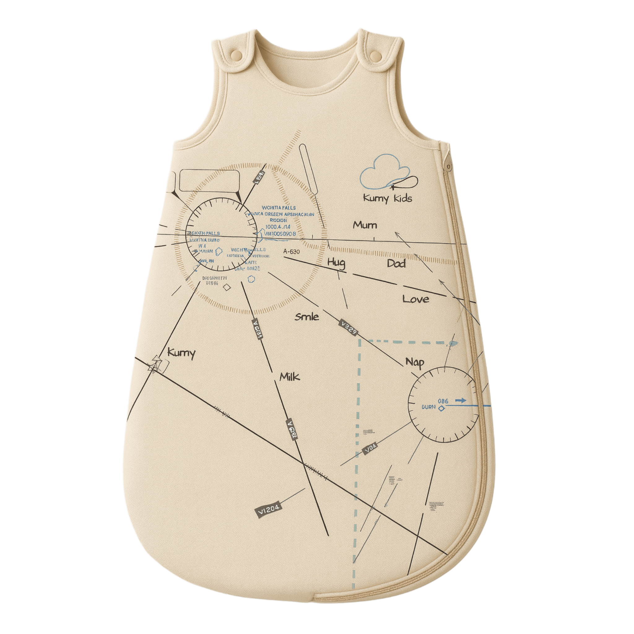 Beige baby sleeping bag with printed  aviation design 