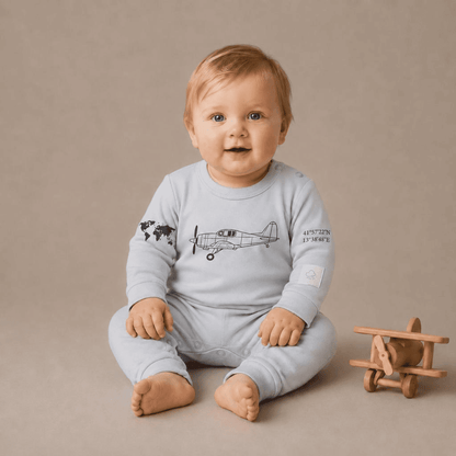 Baby Sleepsuit Long Sleeve Cotton Aviation - 100% Combed Cotton Italian Design Footless 0-24M