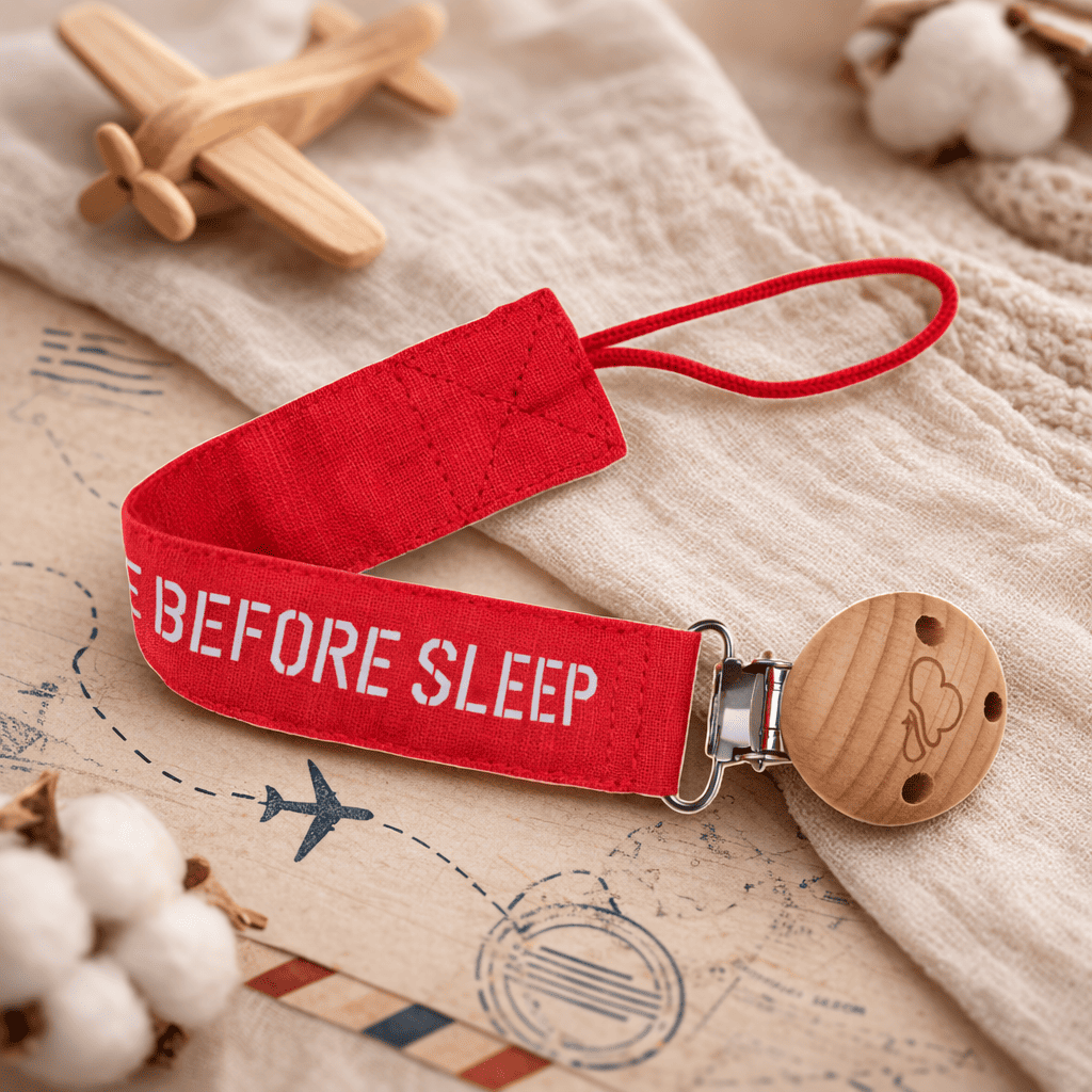 Pacifier Clip Remove Before Sleep Aviation - Baby Red Wood Italian Design 21cm