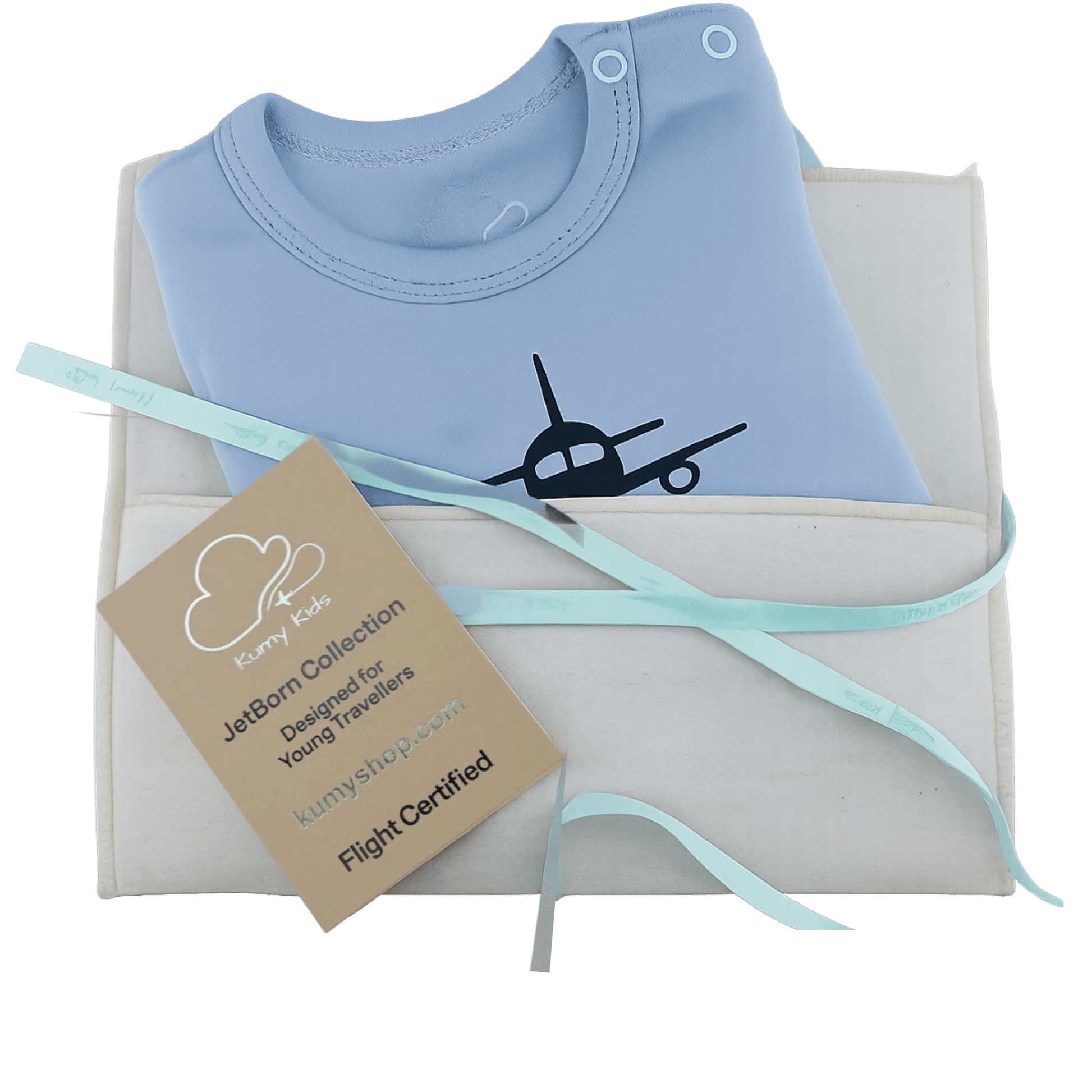 Light blue baby onesie with airplane design on a white box, featuring a Kummy Kids tag.