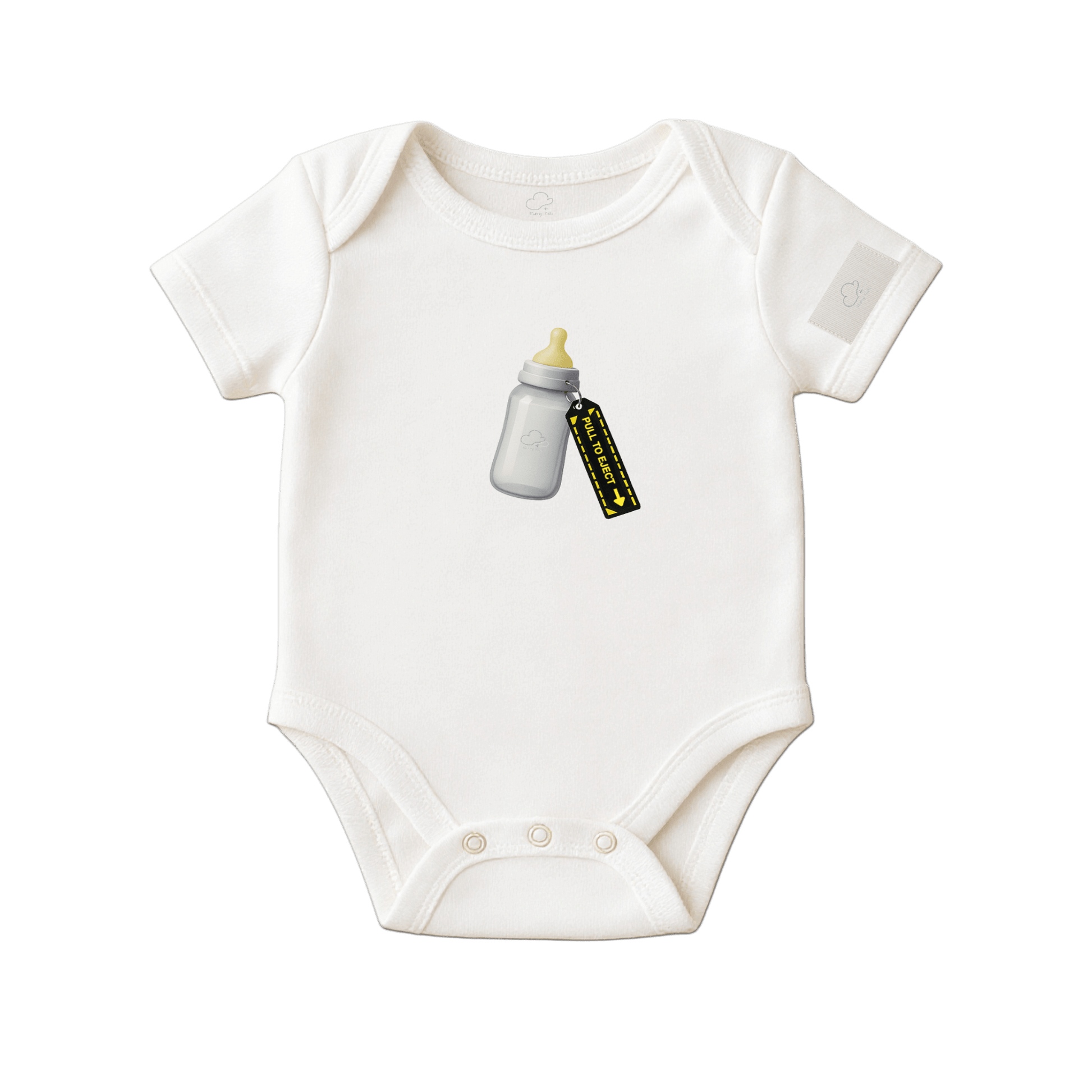 White baby onesie with a graphic of a baby bottle and pacifier