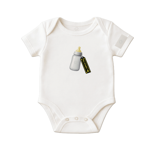 White baby onesie with a graphic of a baby bottle and pacifier