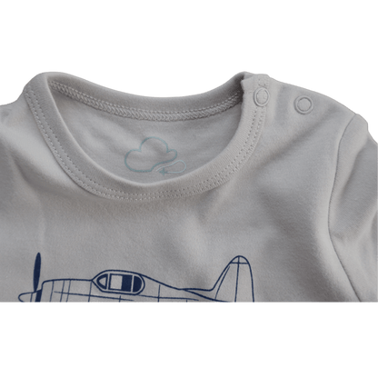 Aviation baby romper, grey long sleeve front view with map print – Kumy Kids
