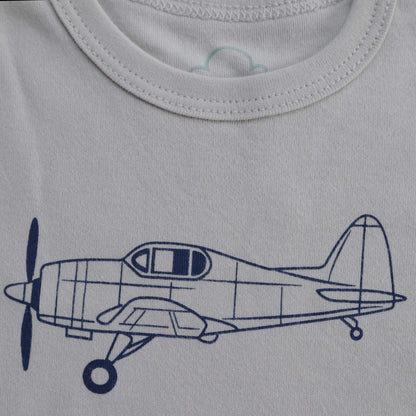 Aviation baby romper, grey front view with airplane print – Kumy Kids