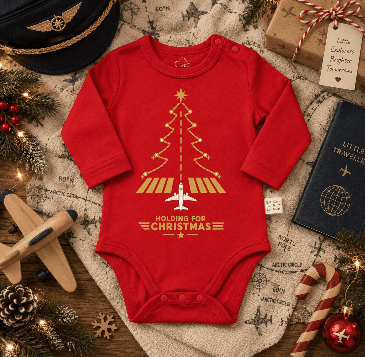 Red Aviation Christmas Baby Bodysuit – Runway Tree Design