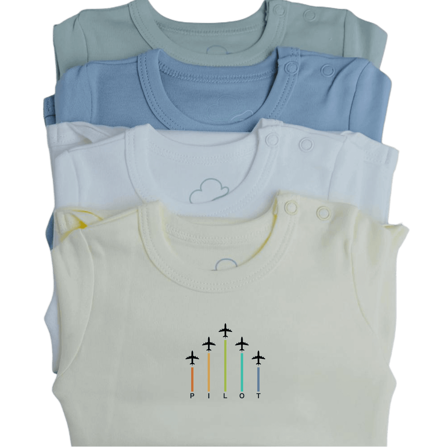 Aviation baby bodysuits with arrows print, layered flat lay, lifestyle view