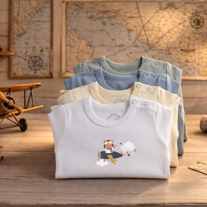 Aviation baby onesies with teddy pilot print, long sleeve styled flat lay