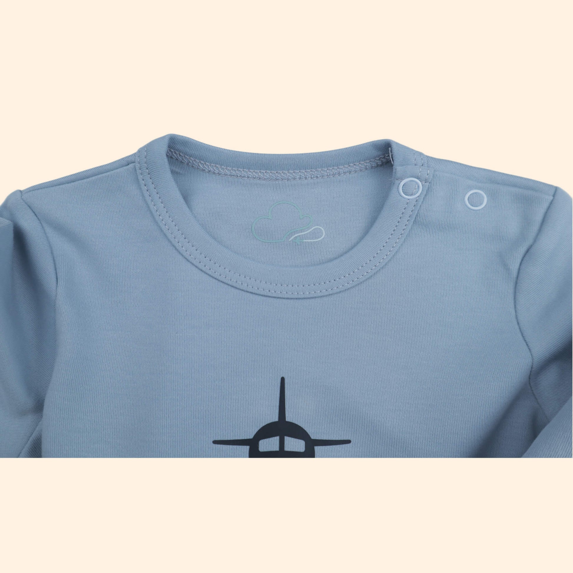 Long Sleeve  steel blue baby onesie neck logo