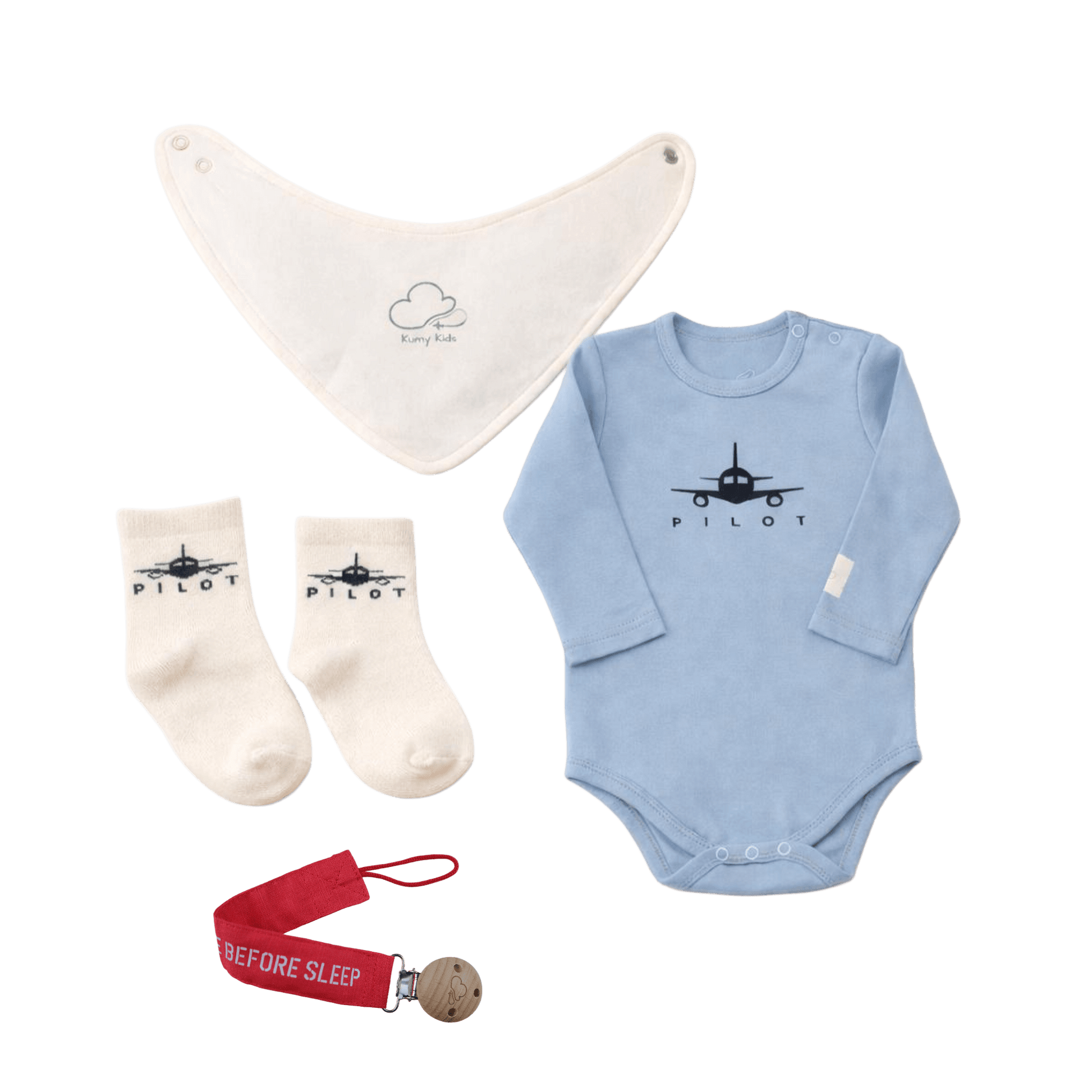 Baby clothing and accessories set with airplane design on a black background