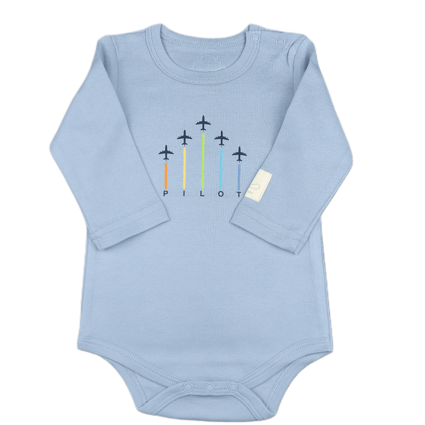Steel blue baby onesie with airplane design and 'Pilot' graphic over the chest