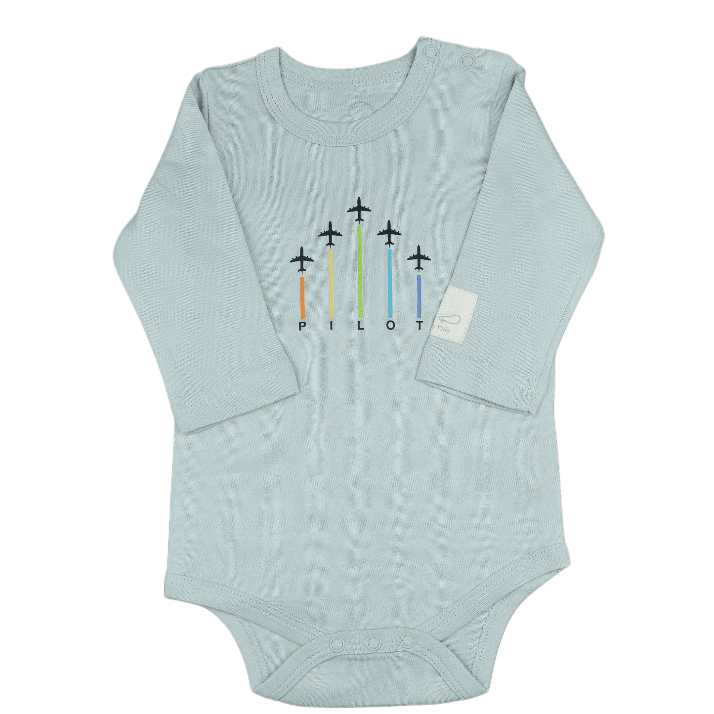 Sage Green baby onesie with airplane graphic and 'Pilot' graphic over the chest