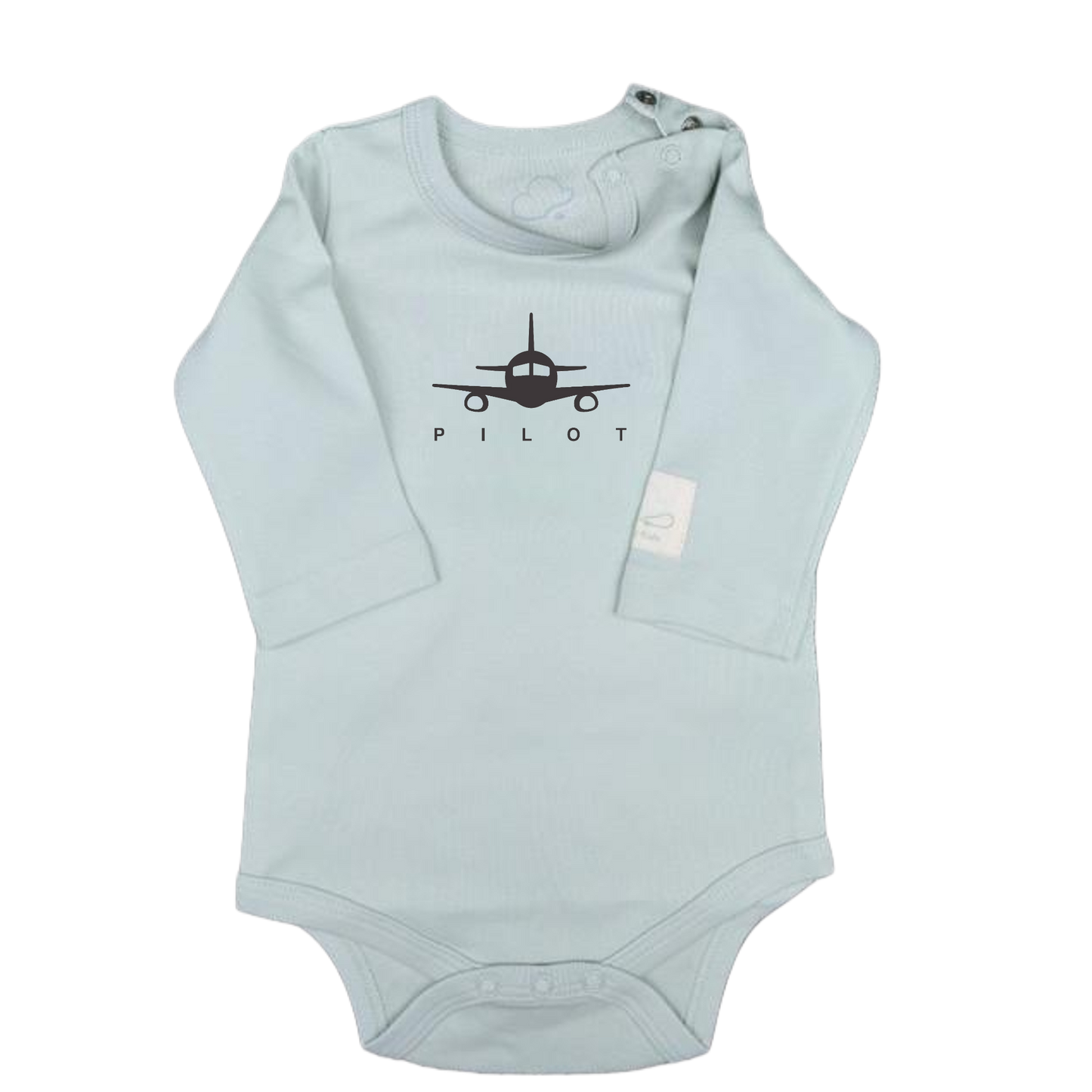 Sage green baby onesie with airplane and 'Pilot'  graphic front view