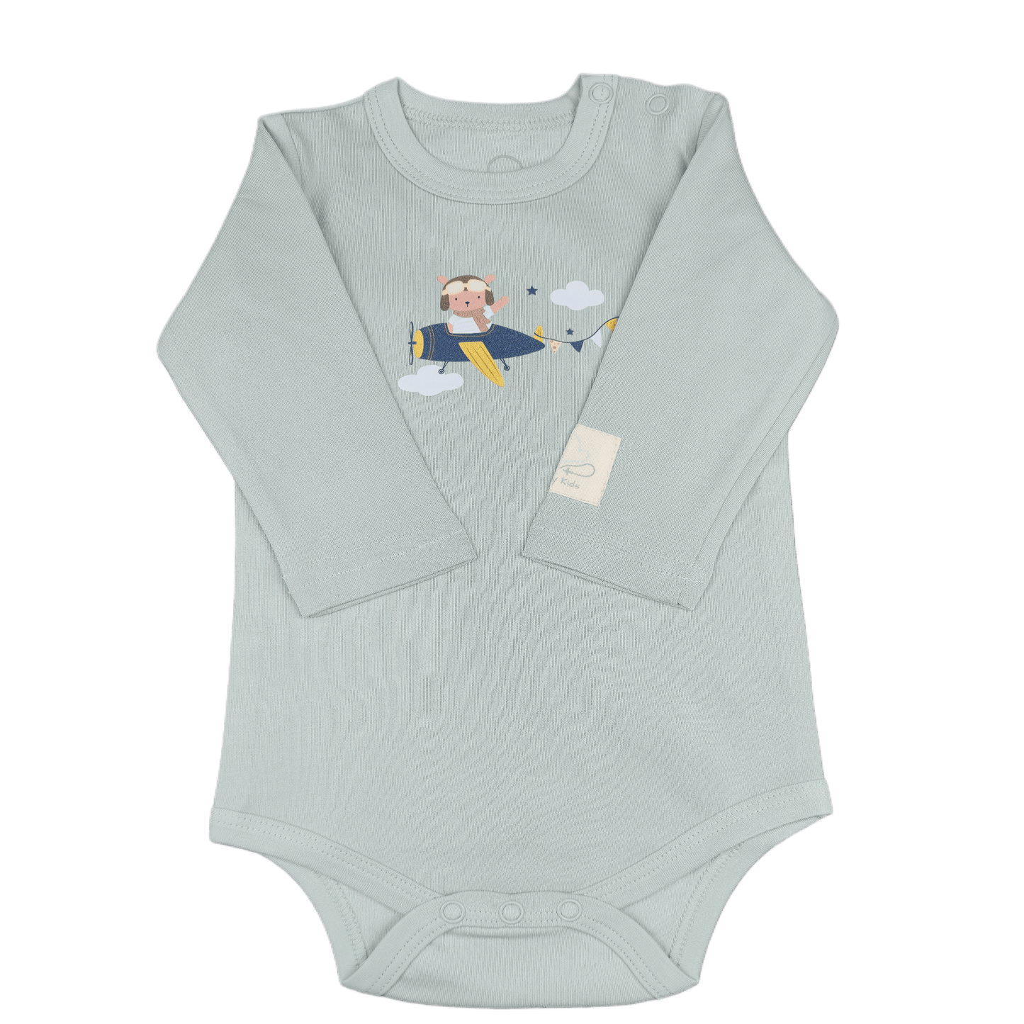 Sage green baby onesie with airplane design 