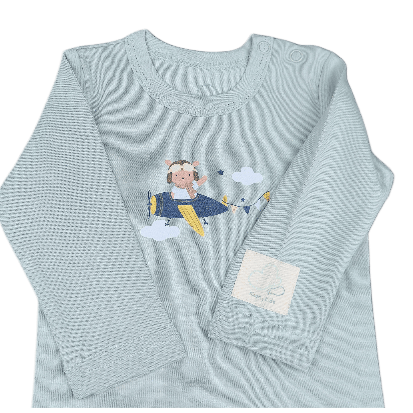 Sage green  long-sleeve shirt with airplane and pilot design  front view