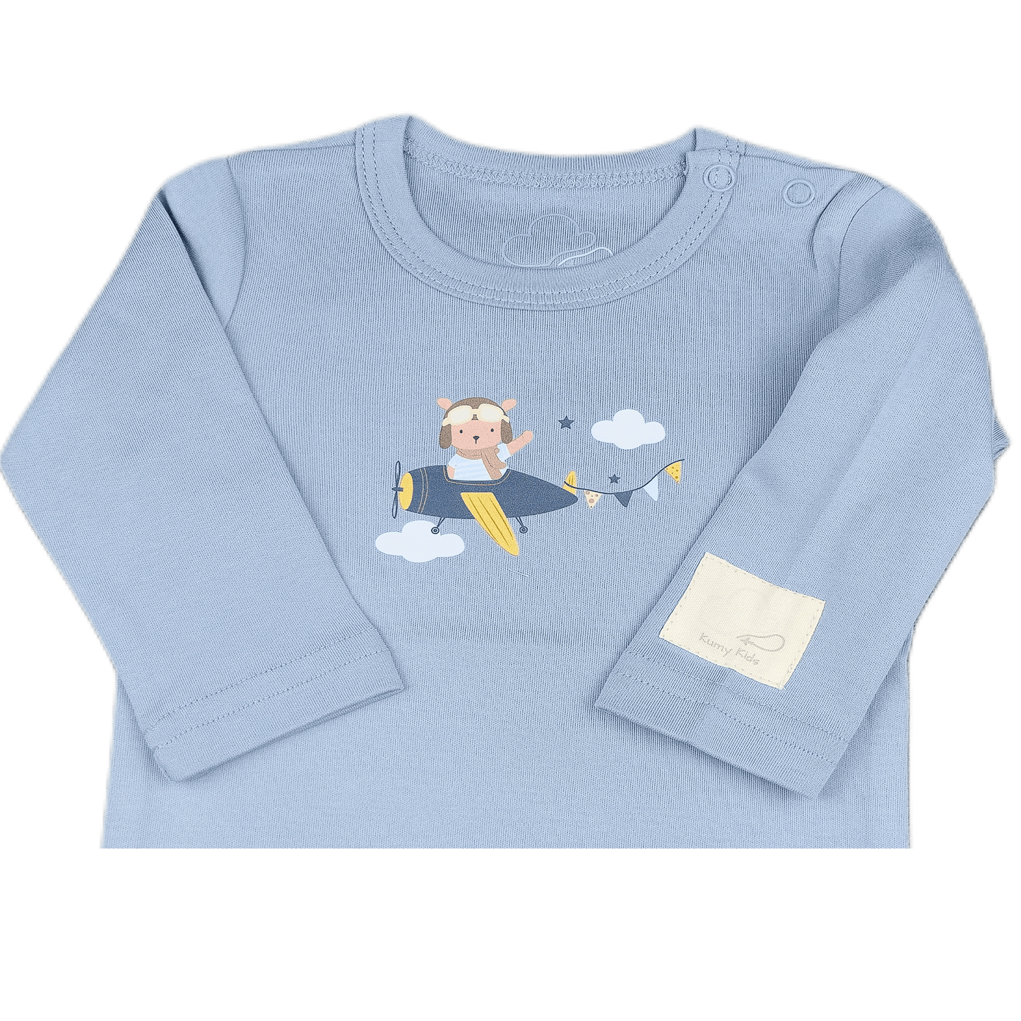 Steel  blue long-sleeve baby onesie with airplane and teddy design
