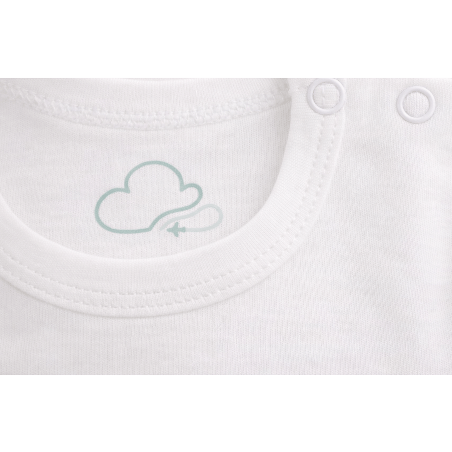 Ivory aviation baby bodysuit, neckline and shoulder snap detail
