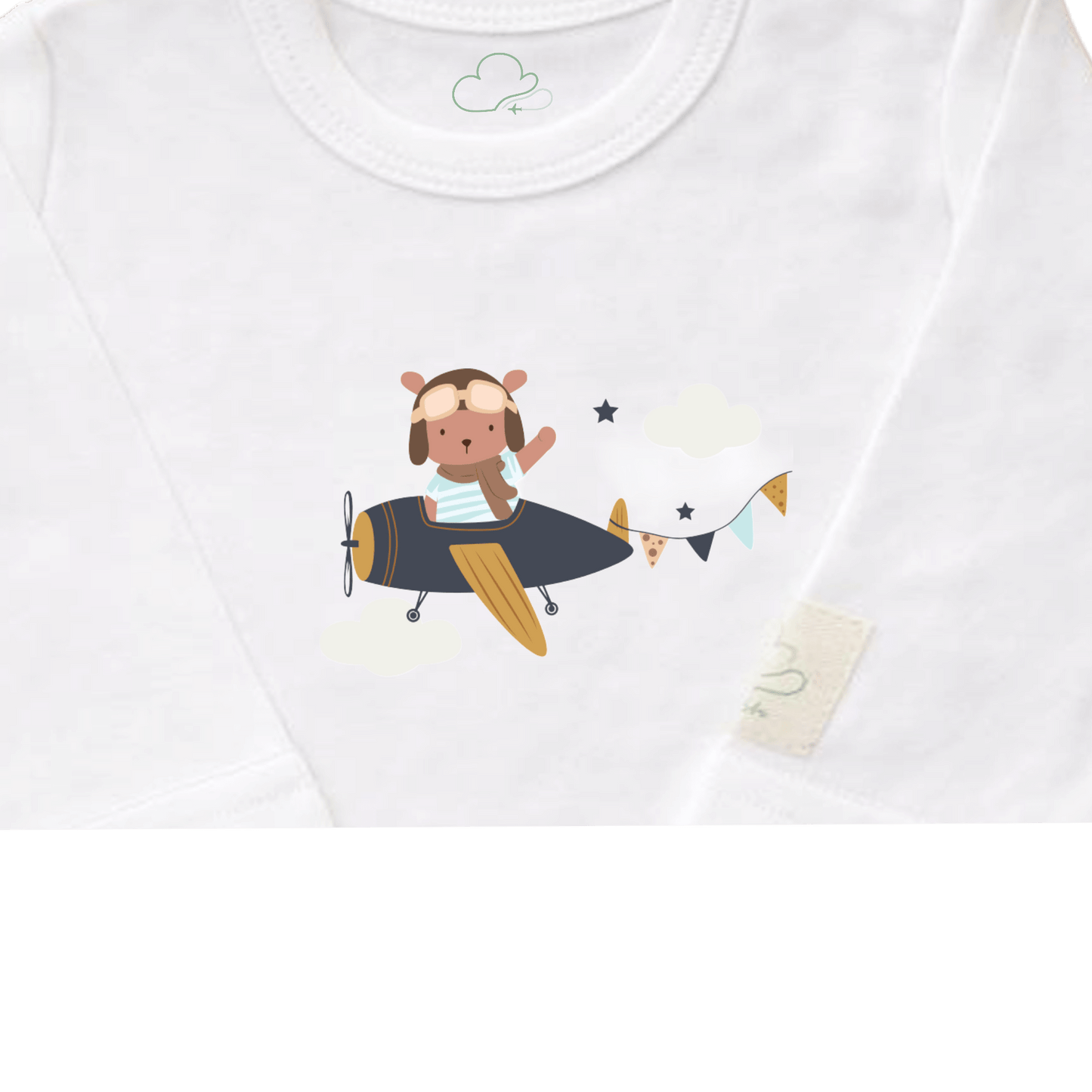 Ivory aviation baby onesie, long sleeve front view with teddy pilot print