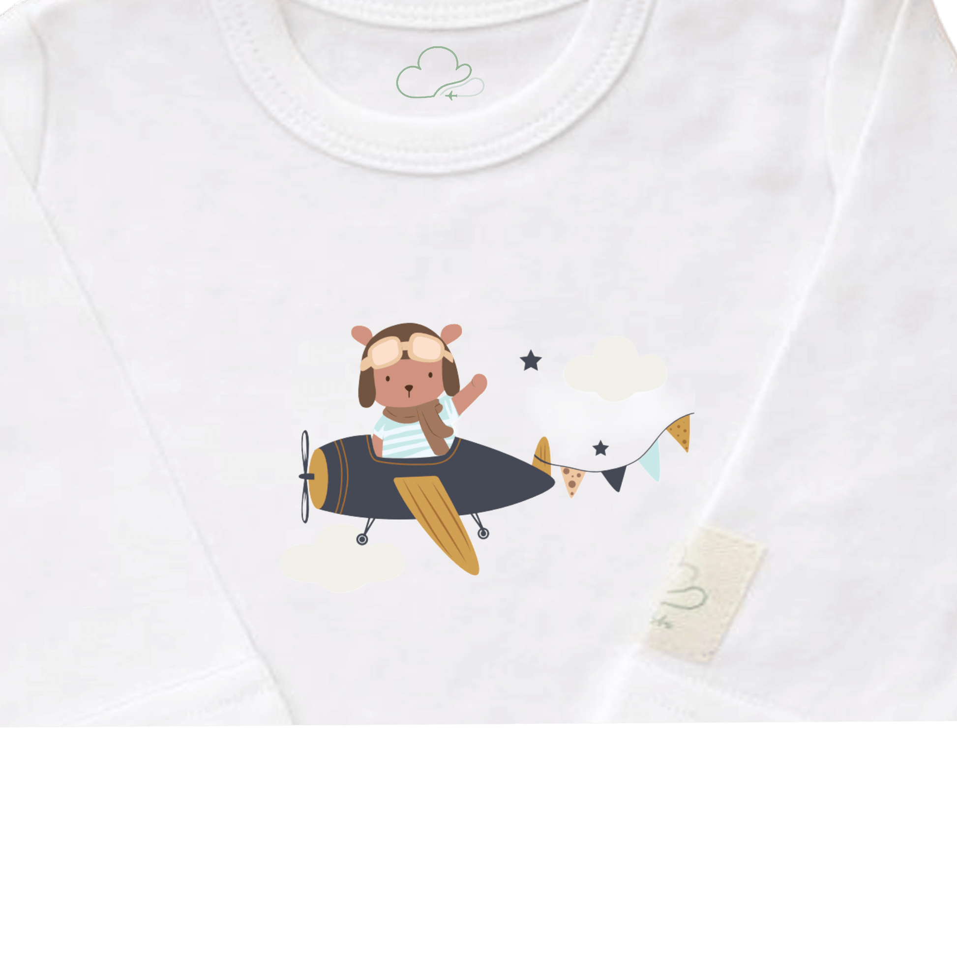 Ivory aviation baby onesie, long sleeve front view with teddy pilot print