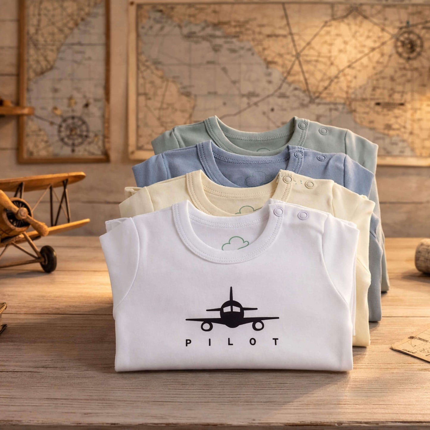 Aviation baby bodysuit, long sleeve folded styling, lifestyle view