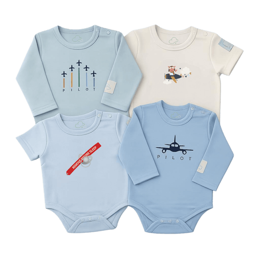 Collection of baby rompers with aviation-themed designs