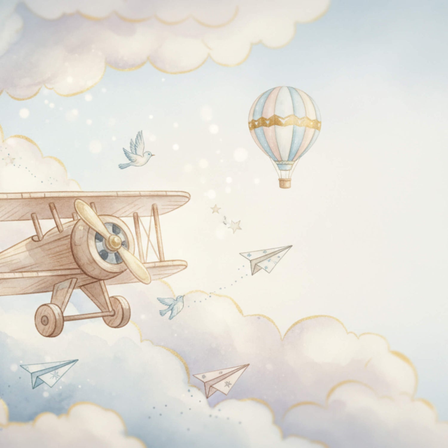Illustration of a vintage airplane, hot air balloon, and paper airplanes flying among clouds.