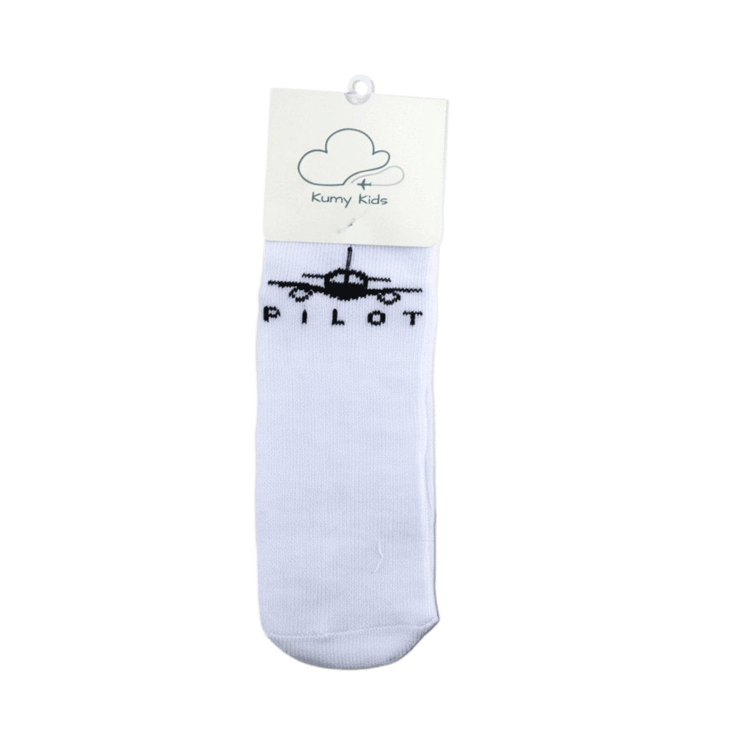 White flat-knit baby socks with PILOT graphic – Kumy Kids